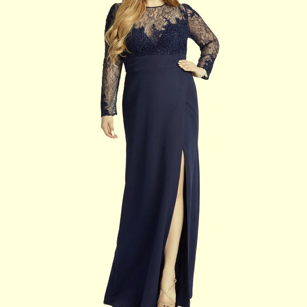 Mac Duggal Midnight Blue Lace Bodice & Long-sleeve Gown W/ Slit